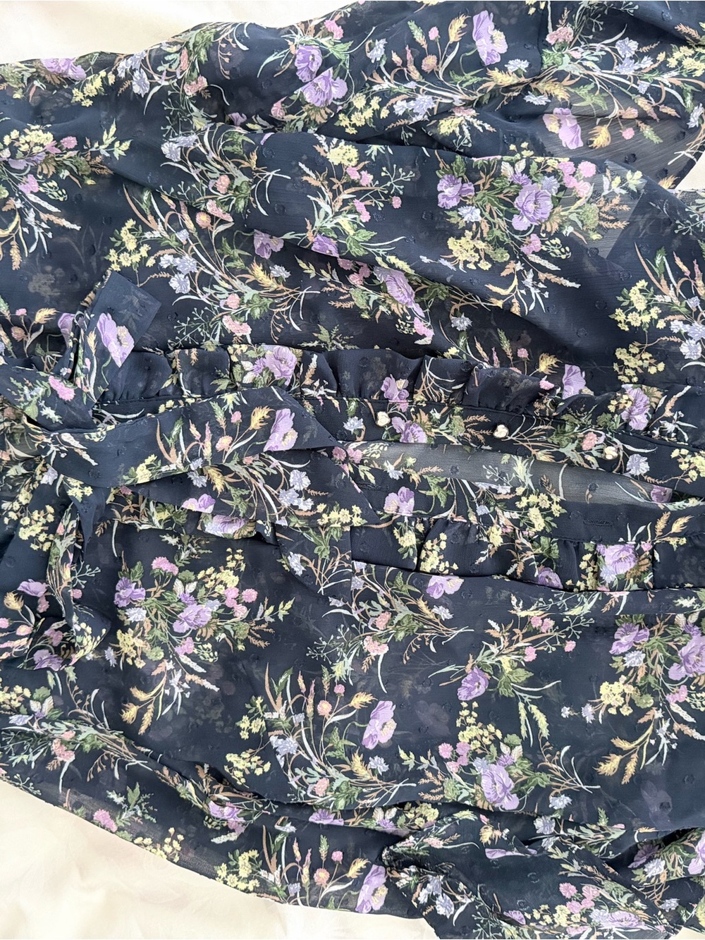 Simons Navy Floral Ruffle Blouse with Lavender and Green Accents